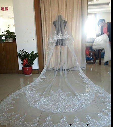 KAIXINJIUHAO WWJ Wedding Veil Bride Headpieces Accessories One-Tier Cathedral Veils/Two Rows of Flowers/Applique Edge Tulle Lace with Diamond, White