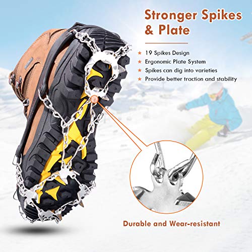 Ice Snow Grips Crampons,TURNRAISE Traction Cleats with 19 Spikes System Safe Protect for Walking, Ice Fishing, Climbing and Hiking on Snow and Ice (X-Large)
