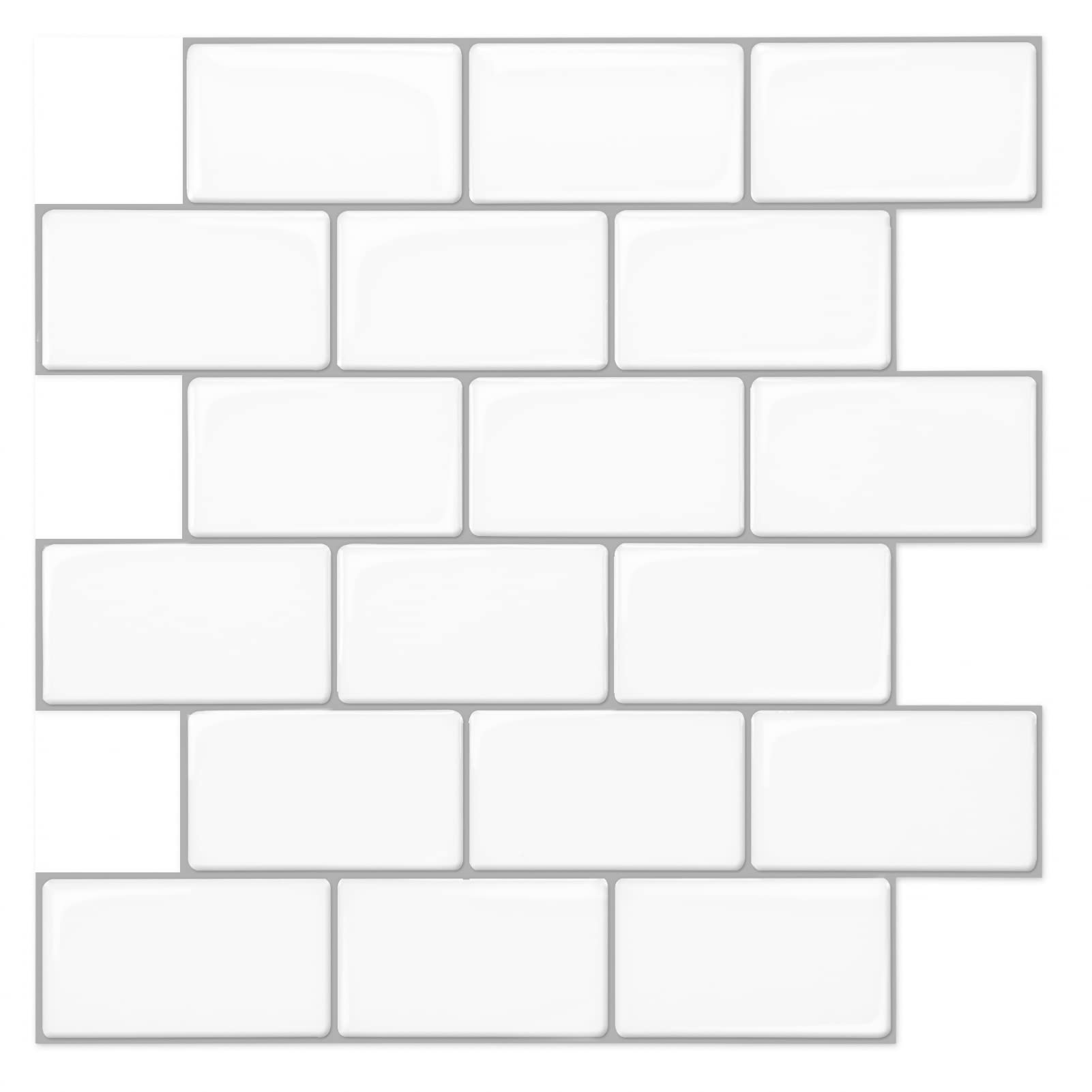 Art3d 12"x12" Stick on Tiles, 10-Pack Peel and Stick Subway Tiles Backsplash, Shiny White Self-Adhesive Wall Tiles for Home Kitchen, Bathroom, Living Room