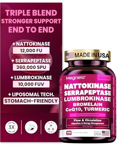 MEGNETA Nattokinase Supplement 12,000 FU (Max Strength) Serrapeptase 360,000 sPU, Lumbrokinase 10,000 FUV & CoQ10 -Systemic Enzymes Complex for Cardiovascular & Circulatory Health Support-100 Capsule