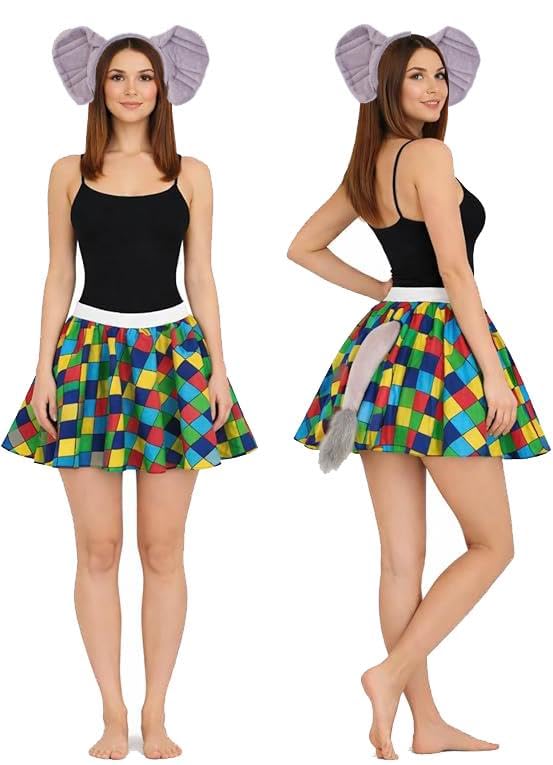 The Dragons Den Adults Patchwork Multicoloured Skirt Elephant Ears & Tail World Book Day Fancy Dress Costume [XS]