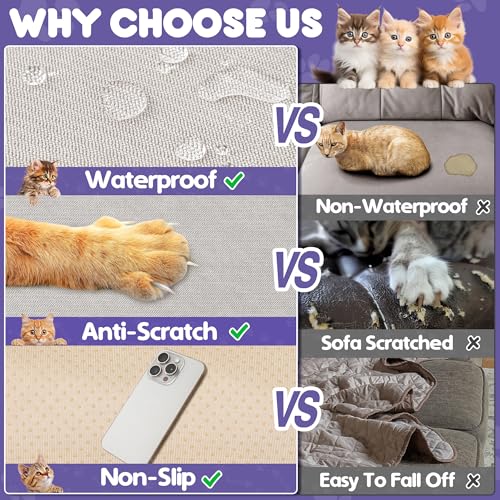 Loiion Anti Cat Sofa Covers, Sofa Protector for Cats, Waterproof Armchair Cover, 3 Seater Canapé Tapestry, Anti Cat and Pet Dog Armchair Lining, Beige Storage Cover 340 x 180 cm