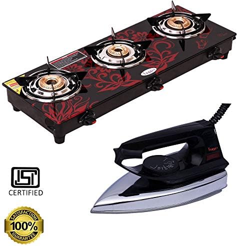 Fogger Stainless Steel 3 Burner Gas Stove and Max Iron Set, 2-Pieces, Black