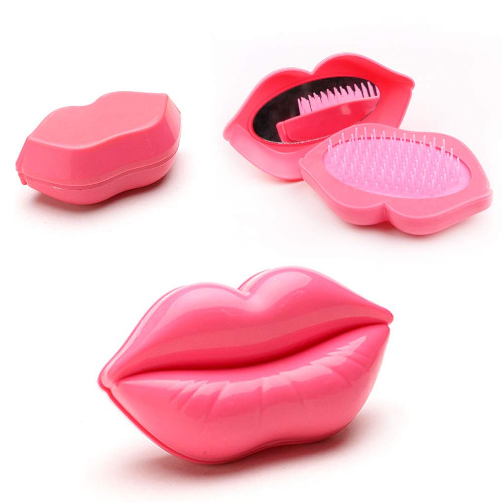 Hand Mirror Portable Makeup Mirror Comb, 2 in 1 Tangle Teezer Brush Compact Set Hairdressing, Lip Design with Sturdy Plastic, Pocket Size in Girls Handbag for Outdoor Activities (Pink)