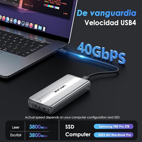 WAVLINK Carcasa SSD M.2 NVMe de 40Gbps con Ventilador de Refrigeración, Caja NVMe USB4 compatible con Thunderbolt 4 hasta 3848 MB/s, compatible con SSD de tamaño 2230/2242/2260/2280 B+M/M-Key