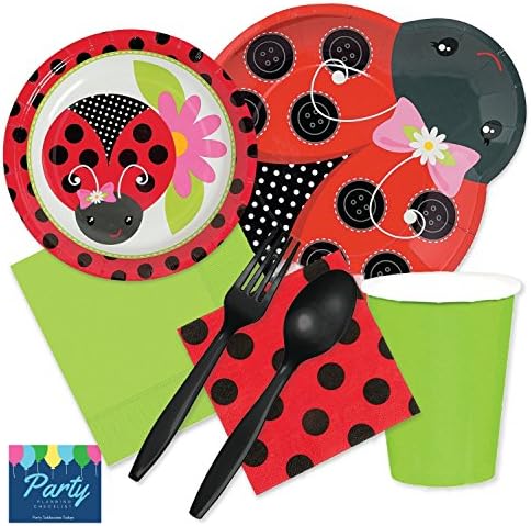 Ladybug Party Supplies - Tableware for 16 includes Paper Plates, Cups, Napkins, + Plasticware