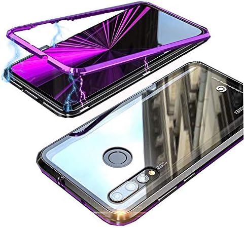 Funit Magnet Adsorption Case for Huawei Nova 4 Metal Frame+Clear 9H Glass Back Hard Cover Hybrid Case Ultra Slim Fitting Anti-Scratch Support Wireless Charging Huawei Nova 4 Cover (Black Purple)