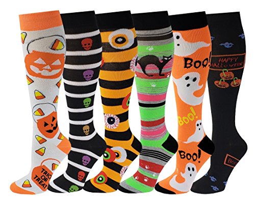 6 Pairs Women's Fancy Design Multi Colorful Patterned Knee High Socks (Halloween)