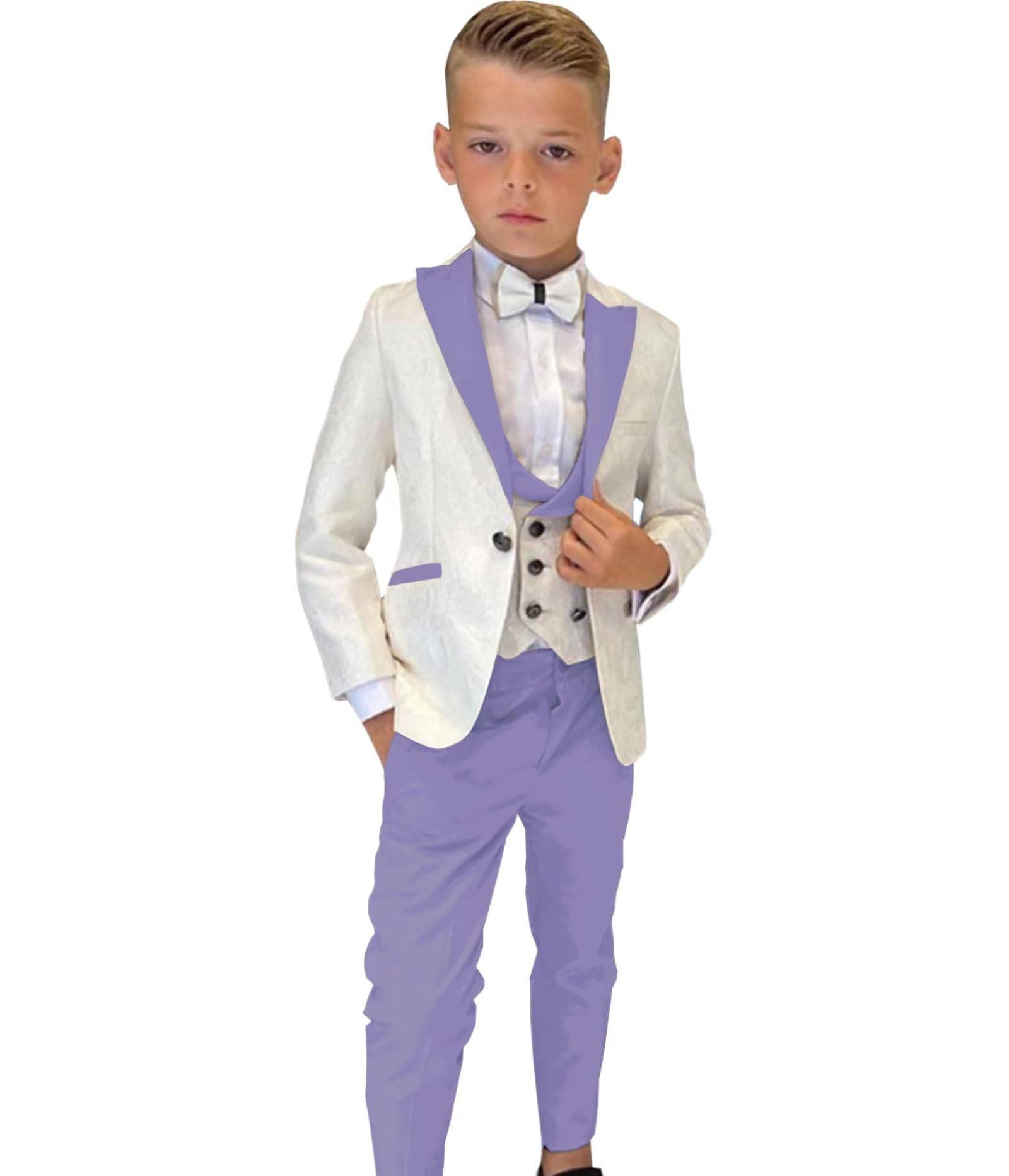 Photo 1 of SAROULU Boys Formal Suit Wedding Tuxedo 3 Pieces Floral Jacket Pants Vest Kids Party Blazer Dark Lavender 7