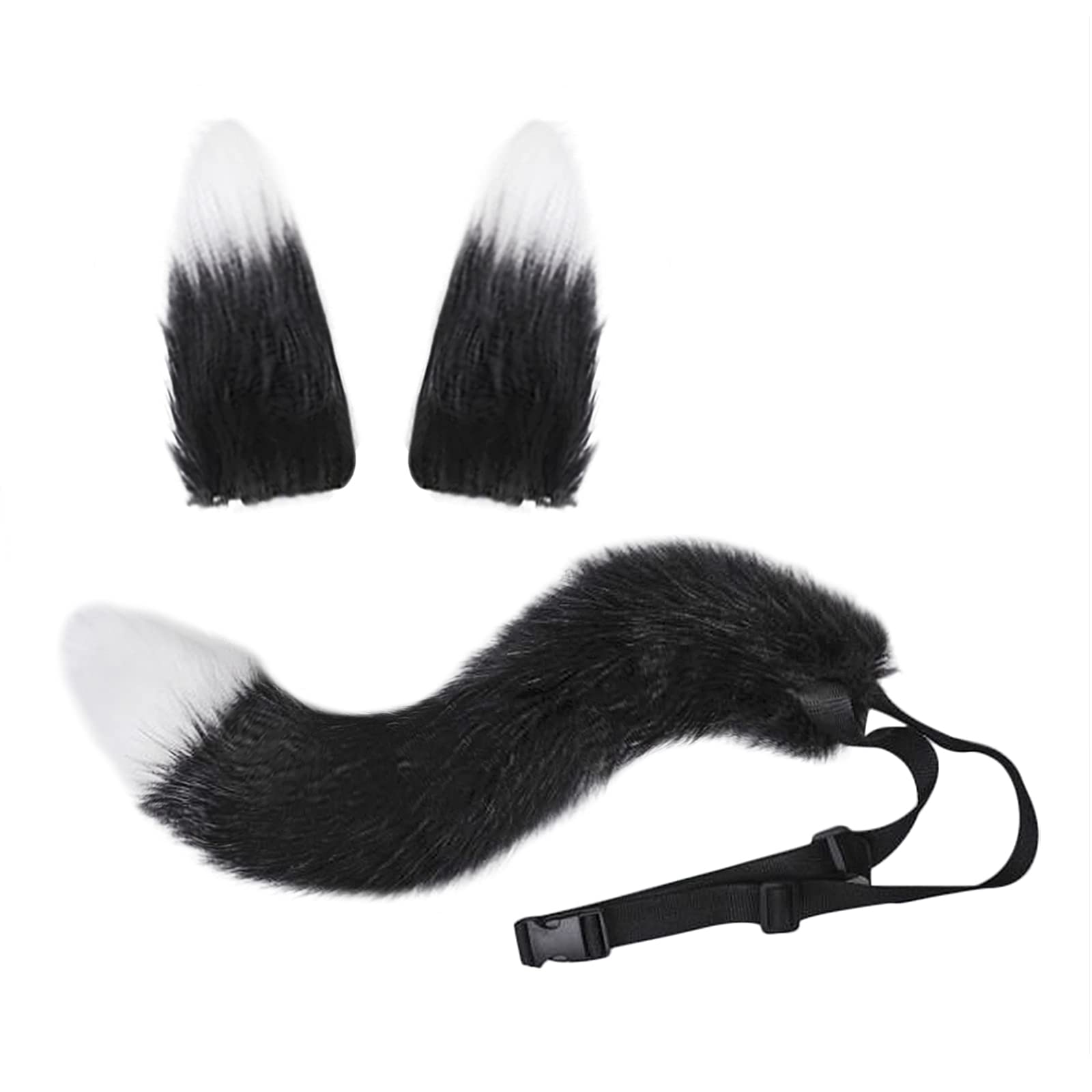 JINTN Furry Fox Tail Cat Clip Ears Set Faux Fur Fox Tail Cosplay Costume Halloween Fancy Dress Ears Tail Kit Adjustable Waist Buckle Hairy Tail Costume