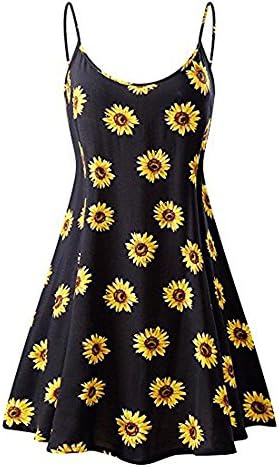 Women Summer Sundress, Vintage Sunflower Printed Low Chest Sleeveless Knee Length Strappy Beach Cami Mini Dress