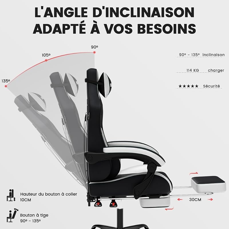 Chaise de Gaming Ergonomique en Cuir synthétique avec Appui-tête et Soutien Lombaire - Jusqu'à 150 kg — photo 6 sur 8