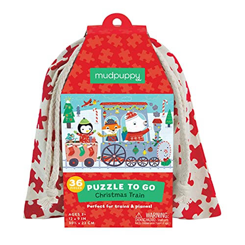 Mudpuppy Christmas Train to Go Puzzle, 36 Pieces — 12” x 9”, for Ages 3-6, Colorful Holiday Artwork, Made with Safe, Non-Toxic Materials