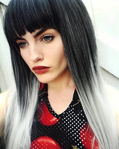 Black to Grey Ombre Wigs for Women Long Straight Wig with Bangs Heat Resistant Synthetic Black Roots Party Wigs