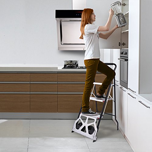 Anfan Folding 3-Step Stool Ladder and Hand Truck Portable Ladder with Hand Grip Aluminum Wide Pedal Sturdy Steel StepLadders 330lb Dolly 176lb