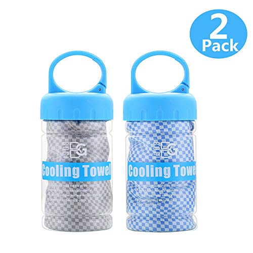 BOGI 2 Pack Cooling Towel for Instant Cooling – Use as Cooling Scarf Headband Wristband Bandana – Soft Cool Bamboo Fiber – Stay Cool for Yoga Travel Climb Golf Football Tennis & Outdoor (Blue+Grey)