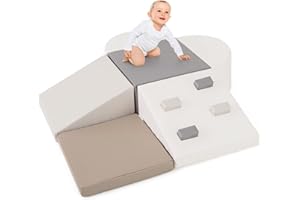 OLAKIDS Climbing Toys for Toddlers, 6 Pieces Baby Foam Blocks Soft Play Set with PU Leather, Indoor Kids Climb and Crawl Slid