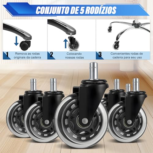75 mm Rodas para Cadeira de Escritório, Kit 5 Rodas para Cadeira de Escritório Duráveis Haste Universal 11 mm, Rodas de Cadeira de Escritório de Substituição, Rodízios Resistentes para Cadeiras