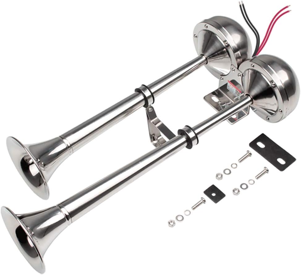 FARBIN 24V Marine Boat Horns,Stainless Steel Dual Trumpet,Electric Horn with Mounting Bracket,for 24V Cargo Boats Wheel Ship Train Lorry Trucks (Stainless Steel Double Tube, 24V): Automotive