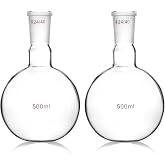 QWORK Glass 500ml Single Neck Flat Bottom Boiling Flask, with 24/40 Standard Joint, 2 Pack Heavy Wall Distillation Receiving Apparatus, Taper Outer Joint Lab Glassware, 500mL