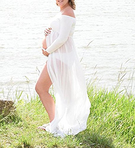 Gititlys Women\'s Maternity Photography Gown Chiffon Split Front Off Shoulder Long Sleeve Maxi Pregnancy Dress For Photo Shoot White