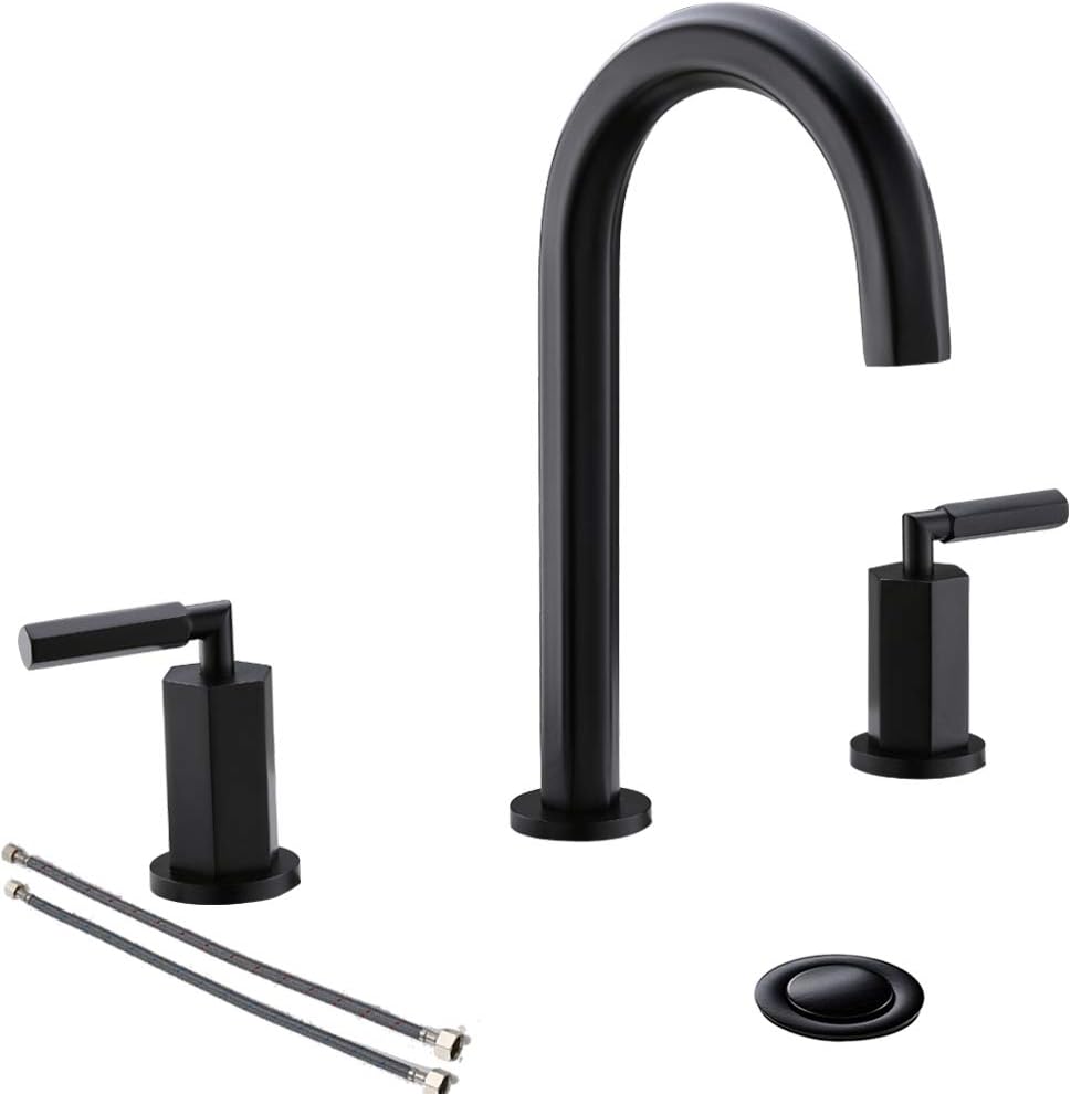 2-Handle 8-Inch Matte Black Hexagonal Bathroom Faucet ,Widespread Bathroom Faucet for Sink 3 Hole,with Stainless Steel Metal Pop Up Drain by Phiestina,NS-WF001-6-MB