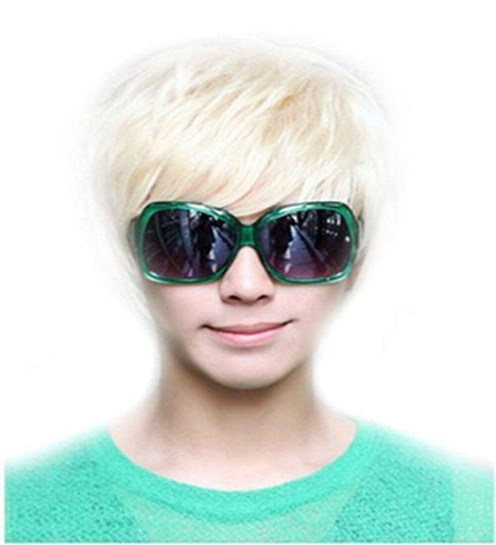 Mens Beige White Short Straight Wig Male Synthetic Layered Costume Hair Wigs Only for Adult