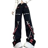 RILGOU Y2K Grunge Goth Vintage Casual High Waist Straight Wide Leg Zipper Red Star Straps Trim Jeans Cargo Pants