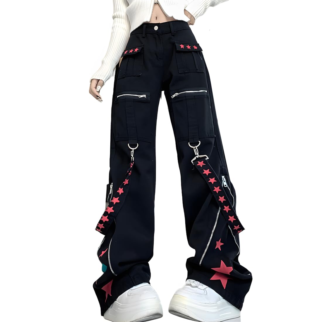 Photo 1 of RILGOU Y2K Grunge Goth Vintage Casual High Waist Straight Wide Leg Zipper Red Star Straps Trim Jeans Cargo Pants XL