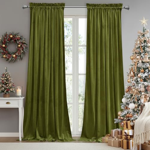 StangH Velvet Curtains Olive Green 108 Inch Long Christmas Decorations Soft Thick Light Blocking Privacy Sliding Door Curtains for Dining Room, W20.5 x L42.5 Inch, 2 Panels