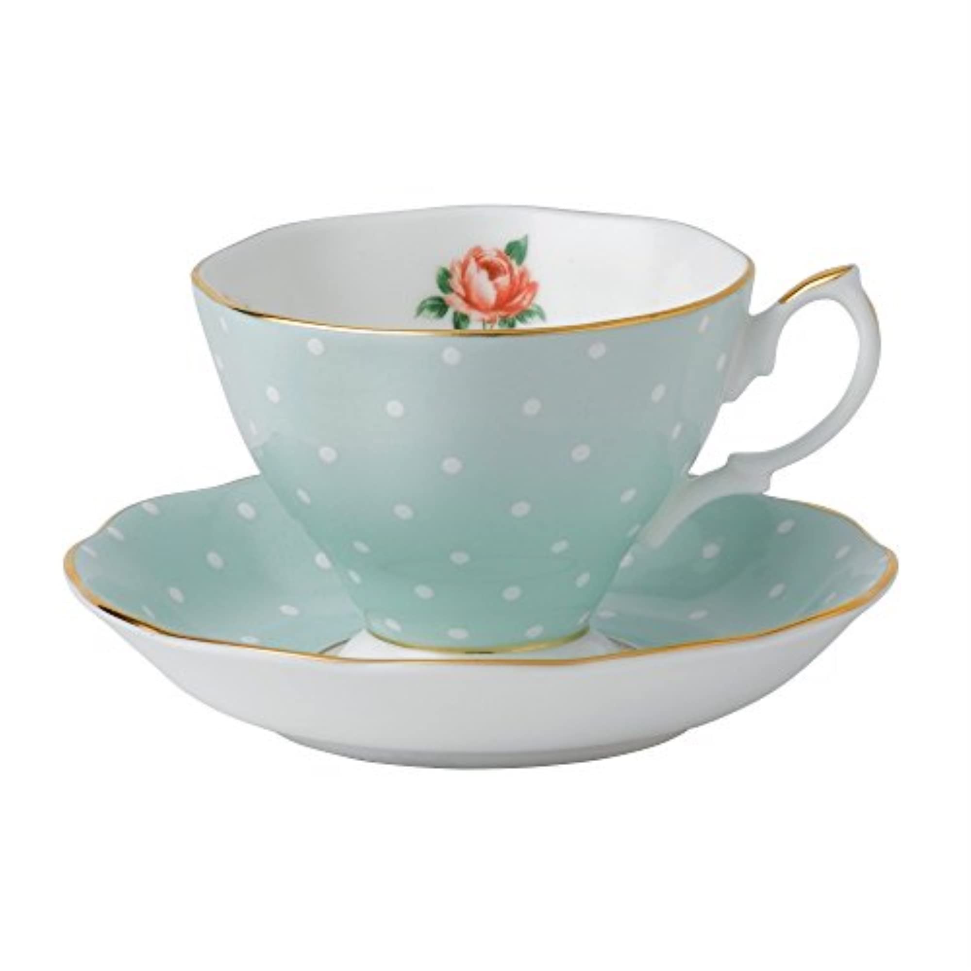 Royal Albert Modern Vintage POLROS26135 Teacup & Saucer, 2 Piece Set Polka Rose, Bone China