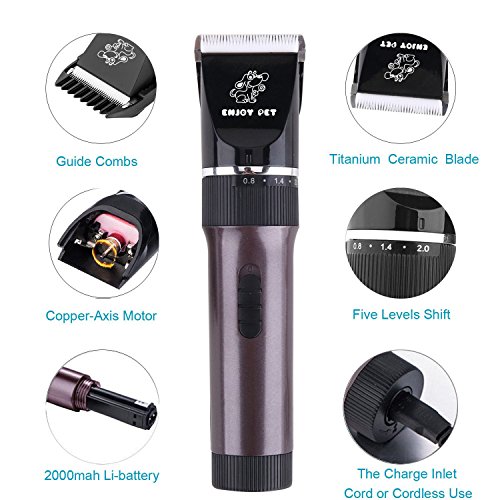 Dog Clippers Cat Shaver, Professional Hair Grooming Clippers Detachable Blades Cordless Rechargeable, Pet Clipper Kit with Scissor, Combs, Guards for Dog Cat, Quiet Animal Clippers (Brown)