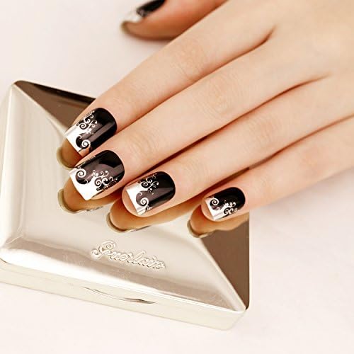 ArtPlus 24pcs Black Silver Wave Chrome False Nails with Glue Full Cover Medium Length Fake Nails Art