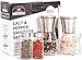 Salt and Pepper Grinder Set with Matching Stand - Adjustable Coarseness Ceramic Mill, Brushed Stainless Steel and Glass Salt & Pepper Mills Plus Extra Salt & Pepper Shakers & Ebook