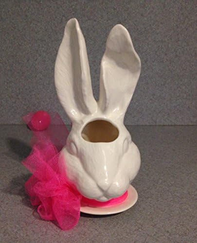 Bunny Rabbit White Clear Glazed Ceramic Flower Pot Succulent Planter Easter Decoration Desk top Pencil holder, Pink net Bow