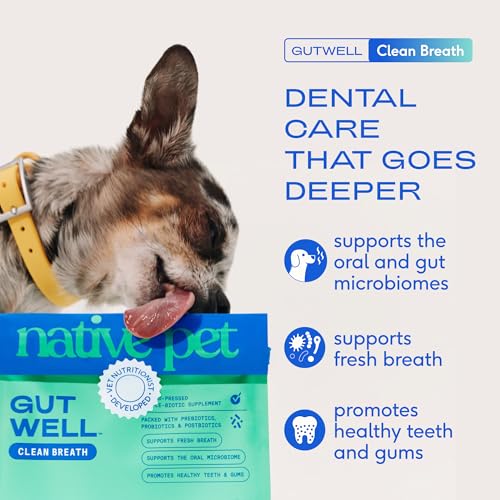 Native Pet GutWell Clean Breath - Dog Breath Freshener & Dog Teeth Cleaning Powder Cold-Pressed to Reduce Plaque, Tartar & Promote Oral Health with Triple-Biotic Blend, Brown Algae & Zinc - 60 Scoops