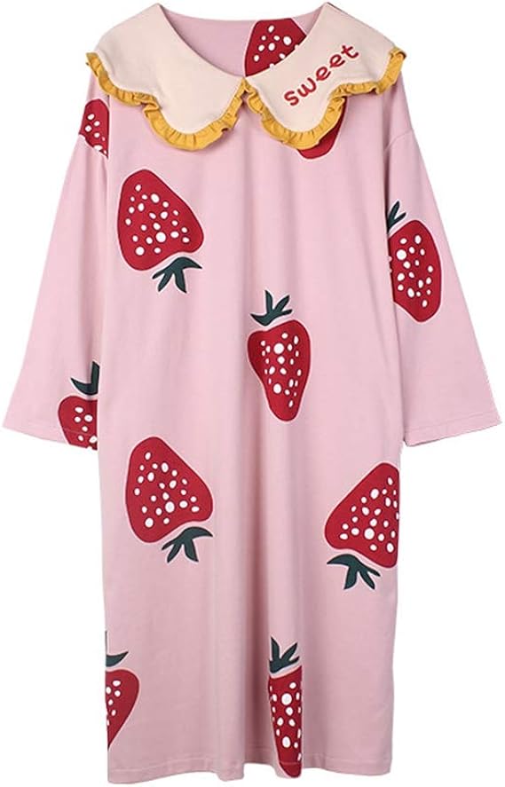 Amazon 今春花信 パジャマ ワンピース レディース 秋 長袖 イチゴ柄 可愛い ネグリジェ 部屋着 ルームウェア 寝巻き 良い肌触り お姫様 ゆったり ルームワンピース ネグリジェ 通販