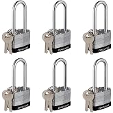CINCINNO Laminated Steel Padlock with Key，6 Pack Keyed Alike Padlocks with Long Shackle