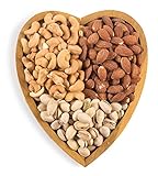 Gourmet Gift Tray with Mixed Nuts Platter, Featuring Roasted and Salted Almonds, Pistachios, & Cashews in a Heart-Shaped Wooden Tray, By Benevelo Gifts