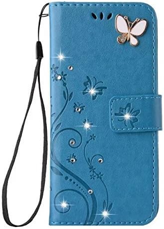 Auroralove Samsung Galaxy S9 Plus Luxury Handmade Bling Rhinestone Soft Slim Flip Stand Wallet Case for Samsung S9 Plus Flower Butterfly PU Leather Case for Girls Women (Samsung Galaxy S9 Plus, Blue)