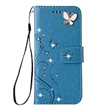 Auroralove iPhone 7 Luxury Handmade Bling Rhinestone Soft Slim Flip Stand Wallet Case for iPhone 7 4.7 Flower Butterfly PU Leather Case for Girls Women-Blue