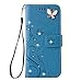 Auroralove 019 Handmade Bling Rhinestone Soft Slim Flip Stand Wallet Iphone 6/6s 4.7 Flower Butterfly PU Leather Case for Girls Women-Blue