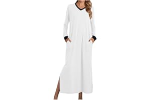 Womens Long Sleeve Dresses Loose Fit Dresses Pajamas Pjs for Women Vneck Plain Maxi Long Dresses 2024 Trendy Y2K
