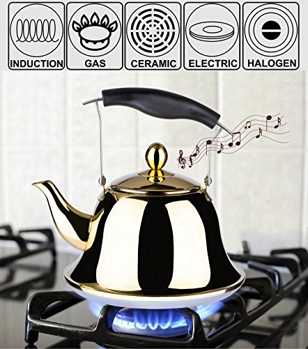 Onlycooker Whistling Tea Kettle Stainless Steel Stovetop Teakettle Sturdy Teapot for Tea Coffee Fast Boiling with Infuser Color Gold Mirror Finish 1.5 Liter/1.6 Quart
