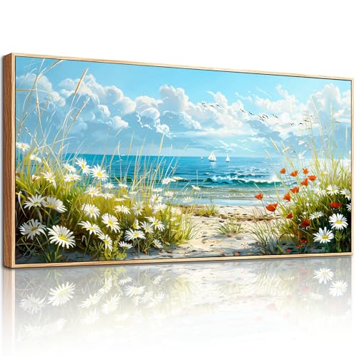 hyidecorart Large Modern Living Room Decoration Paintings, 50 x 100 cm, Flowers, Beach, Decorative Pictures, Canvas Picture with Frames, Suitable for Bedrooms, Hallways, Dining Rooms