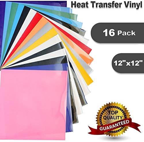 Heat Transfer Vinyl for T-Shirts 16 Sheets 12"x 12" - HTV Iron On Vinyl for Silhouette Cameo &amp; Cricut