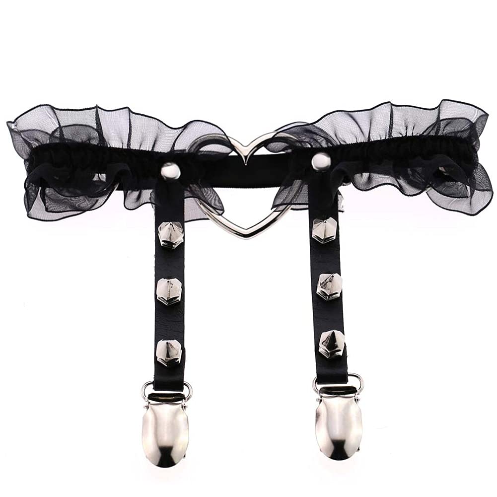 Adove Women Adjustable Leather Thigh Garter,Lace Heart Shaped Leg with Clips punk goth for thigh high socks