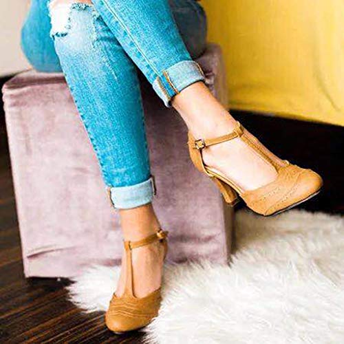 ZOMUSAR Shoes for Women, Womens Fashion Pumps Thick Heel T Type Straps Buckle Beach Shoes Roman Sandals Yellow