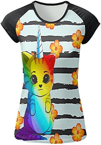 XIUARROWXIU Women's T-Shirt Cat With A Unicorn Horn Casual Crew Short Sleeve Tees
