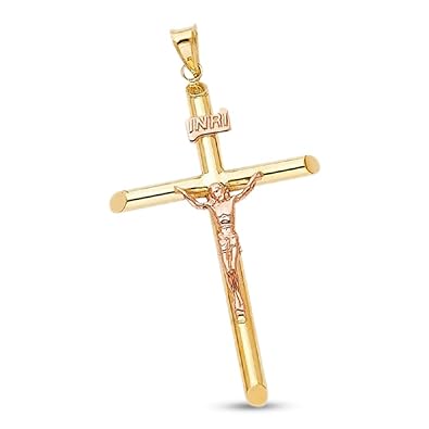 Gemapex Big Jesus Cross Inri Charm 14k Solid Yellow Rose Gold Crucifix Tube Pendant Two Tone Size Options